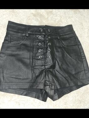 High-Waist Black Lace-Up Women's Leather Shorts